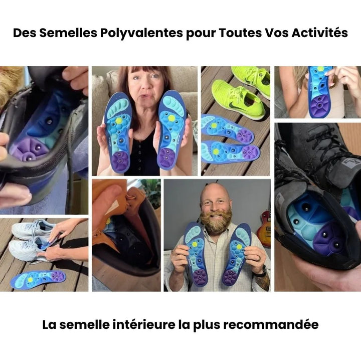 "Semelles d'acupression innovantes pour confort et soulagement, vue de dessus, tailles 35-47, couleurs bleu, rouge."