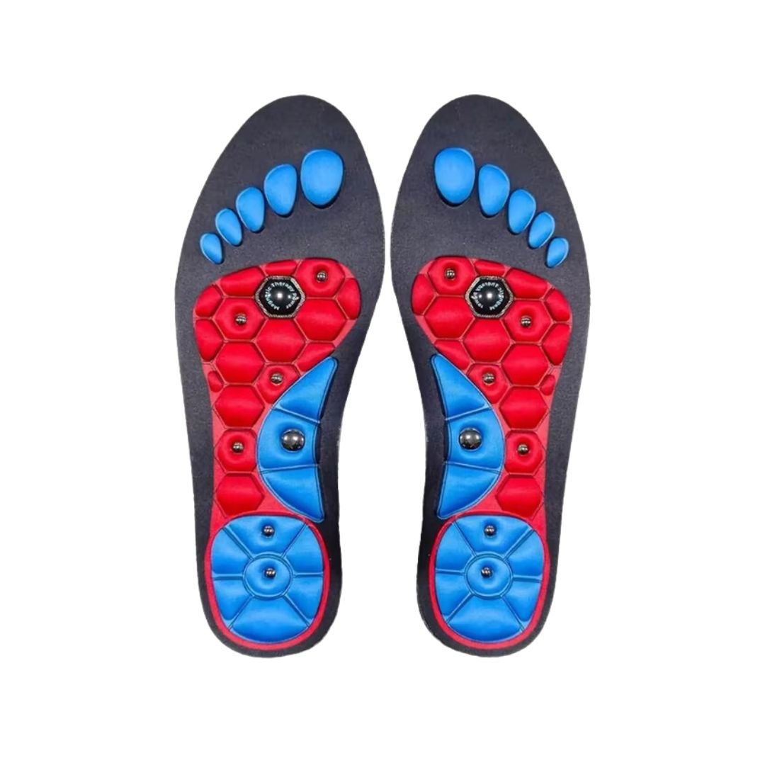 "Semelles d'acupression innovantes pour confort et soulagement, vue de dessus, tailles 35-47, couleurs bleu, rouge."