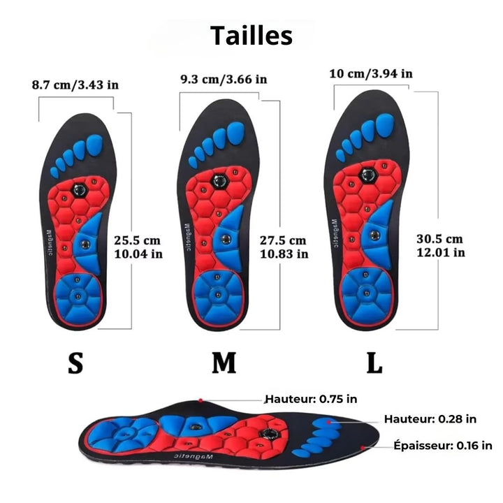 "Semelles d'acupression innovantes pour confort et soulagement, vue de dessus, tailles 35-47, couleurs bleu, rouge."
