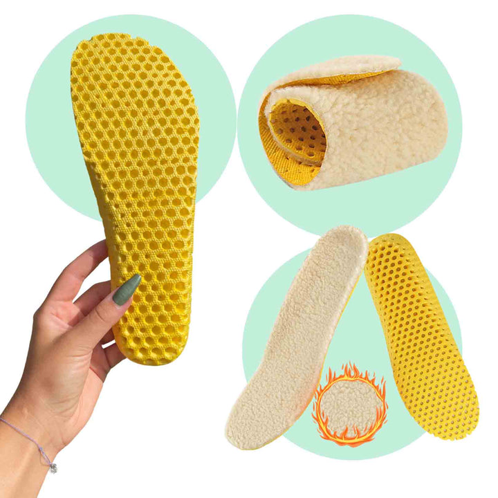 Semelles OrthoFlex hiver en laine pour chaussures pieds nus, offrant chaleur, confort et soutien de la voûte plantaire.