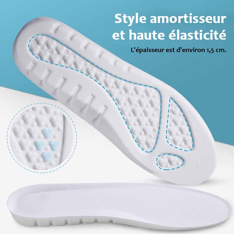 Semelles ergonomiques en mousse, soutien voûte plantaire, améliorent santé du pied et réduisent la fatigue.