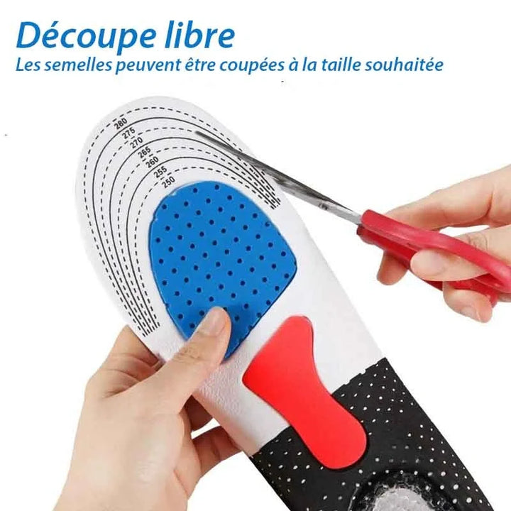 Confort maximal avec ces semelles orthopédiques ajustables, soutien voûte plantaire et absorption chocs pour tous.