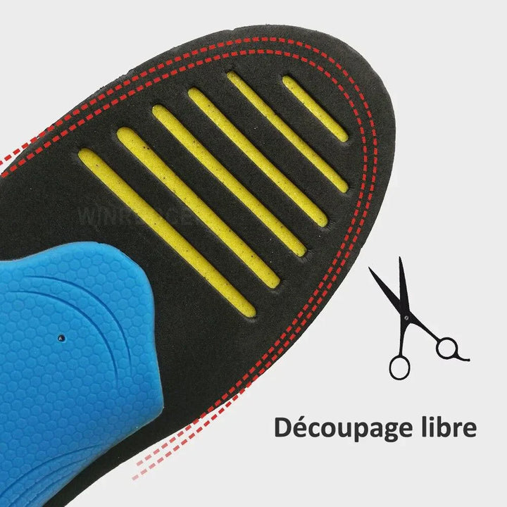 Paire de semelles orthopédiques avec amorti pour soulager la douleur plantaire et améliorer le bien-être des pieds.