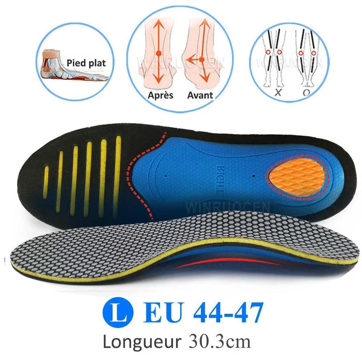 Semelles de soutien voûte plantaire, ergonomiques et unisexes, offrant un confort optimal pour toutes chaussures.