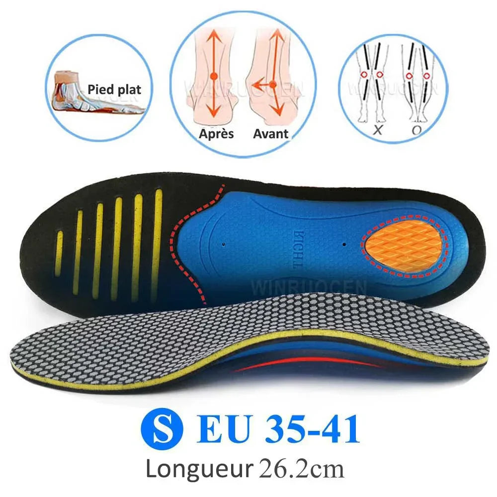 Semelles de podologie pour un soutien accru de la voûte plantaire, réduisant fatigue et douleurs aux pieds.