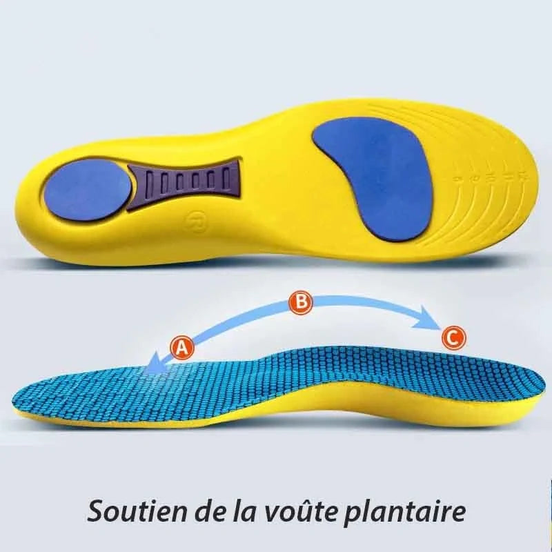 Accessoires chaussures : semelles amortissantes respirantes, soutien voûte plantaire, soulagement des douleurs.