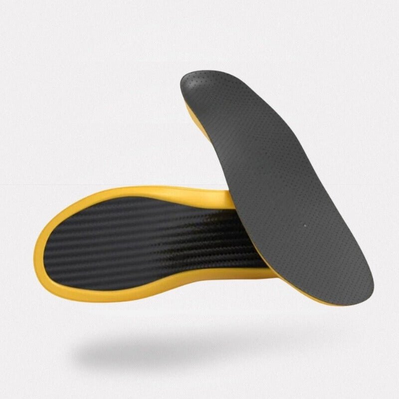 "Semelles orthopédiques en carbone, design ergonomique, couleur noire, absorption des chocs, stabilité et confort élite."
