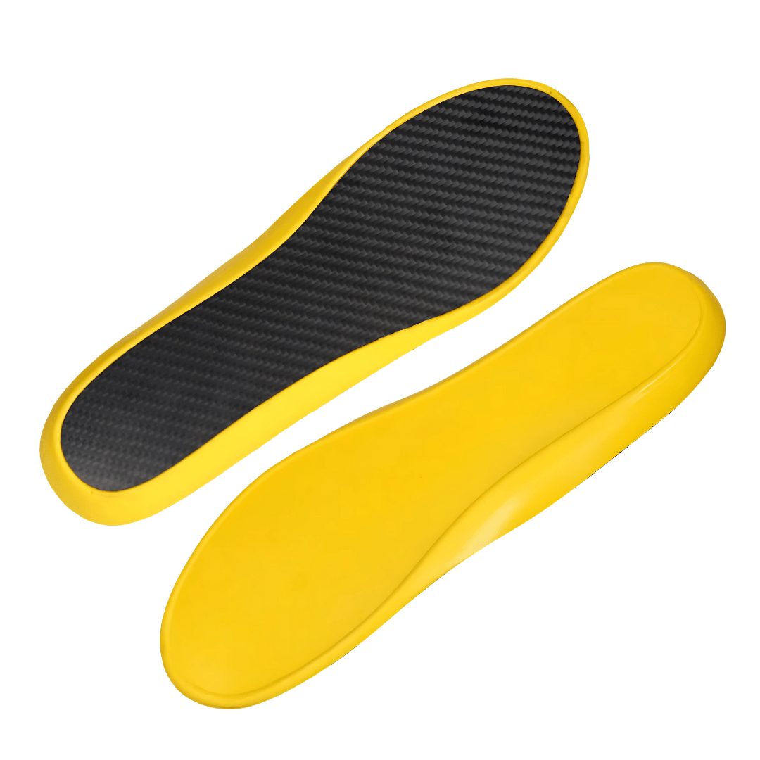 "Semelles orthopédiques en carbone, design ergonomique, couleur noire, absorption des chocs, stabilité et confort élite."