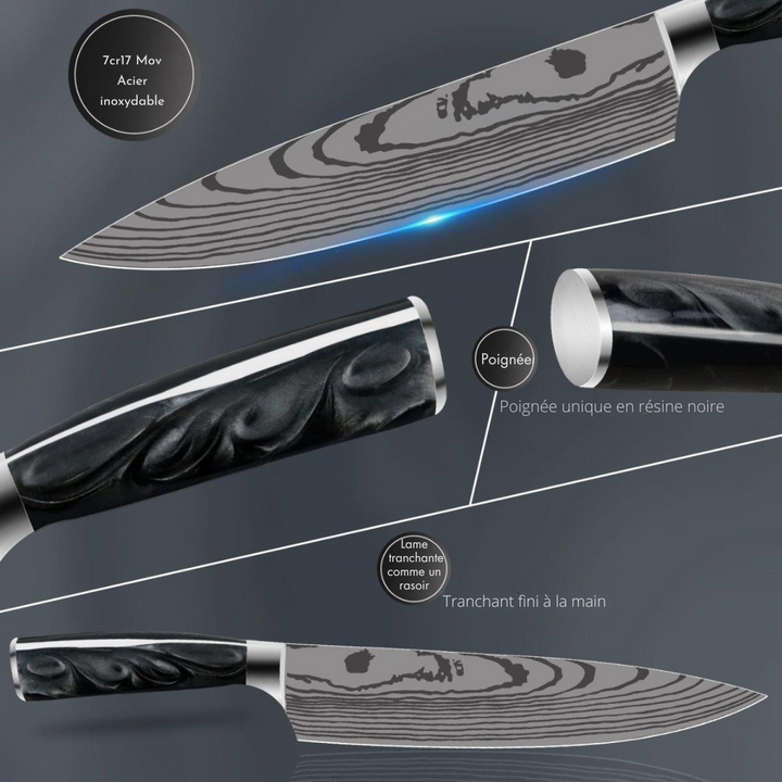 Set de 10 couteaux acier carbone.  Design élégant, lames précises, poignées ergonomiques.  Coffret cadeau inclus.