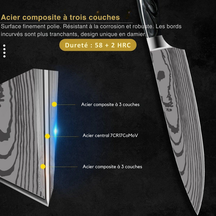 Set de 10 couteaux acier carbone.  Design élégant, lames précises, poignées ergonomiques.  Coffret cadeau inclus.