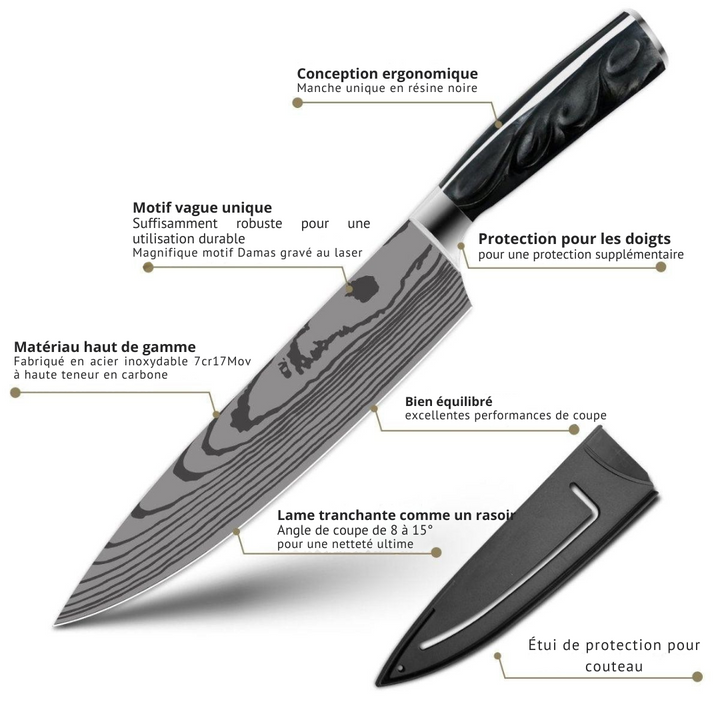 Set de 10 couteaux acier carbone.  Design élégant, lames précises, poignées ergonomiques.  Coffret cadeau inclus.