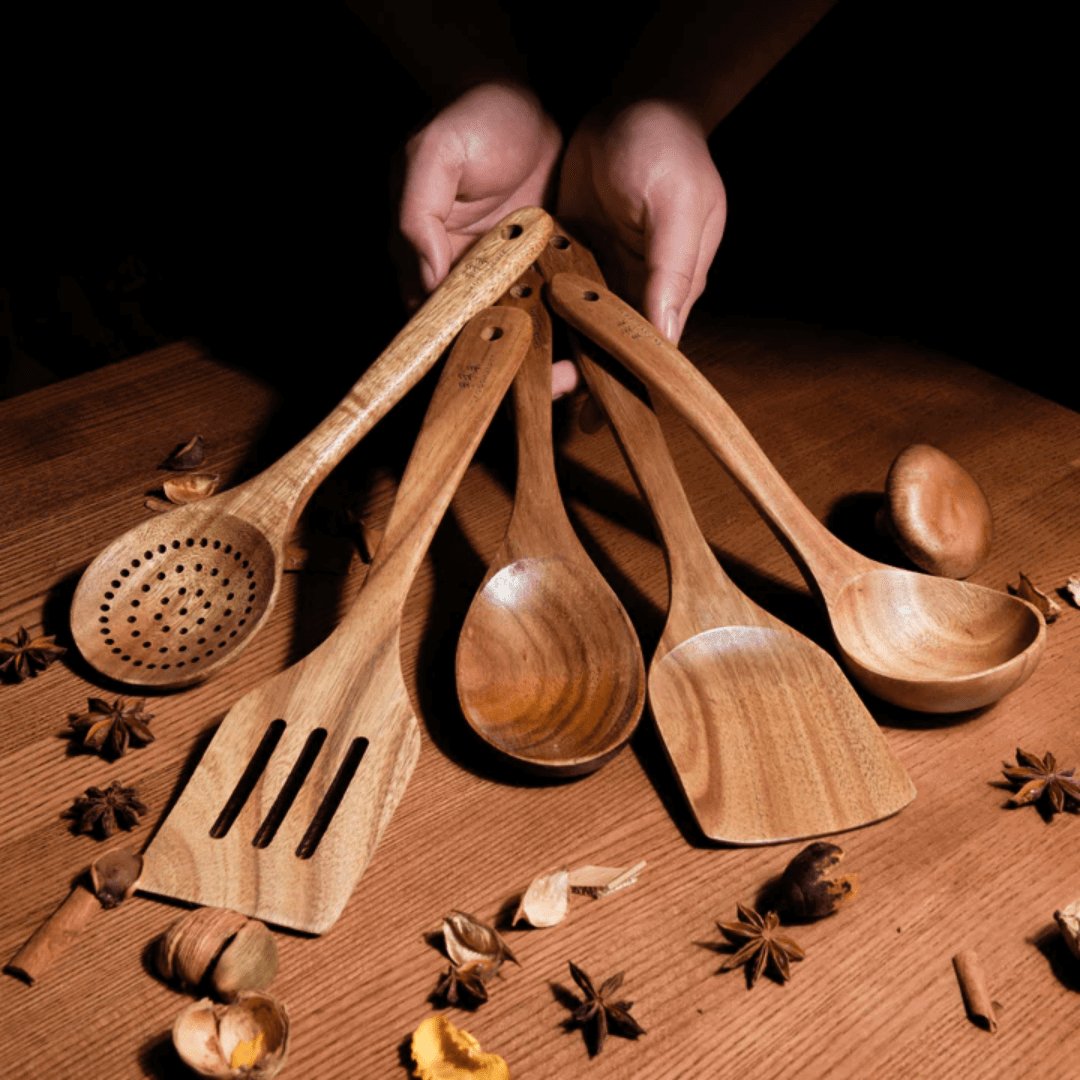"Set de cuisine en bois naturel, ustensiles écologiques, design élégant, ergonomique, idéal cuisine quotidienne, cadeau"