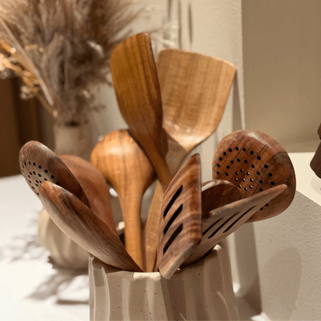 "Set de cuisine en bois naturel, ustensiles écologiques, design élégant, ergonomique, idéal cuisine quotidienne, cadeau"