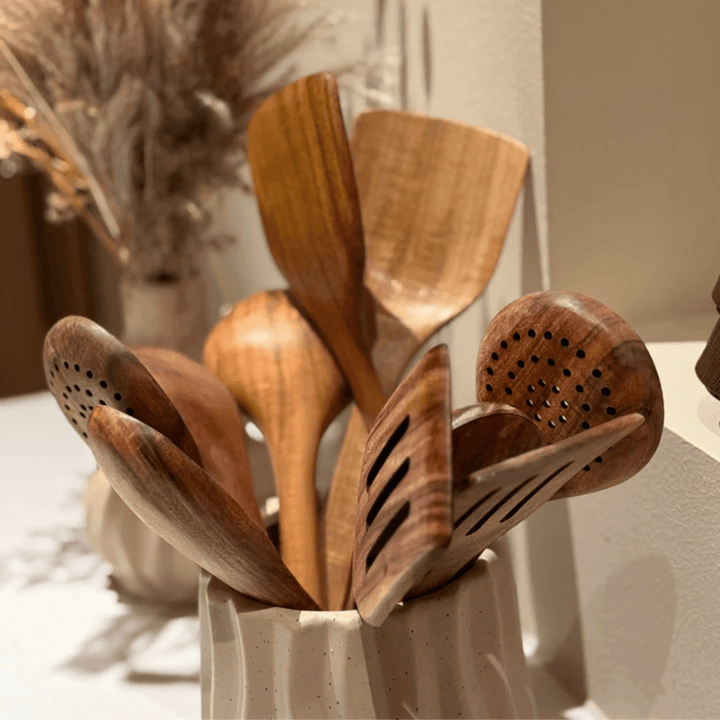"Set de cuisine en bois naturel, ustensiles écologiques, design élégant, ergonomique, idéal cuisine quotidienne, cadeau"