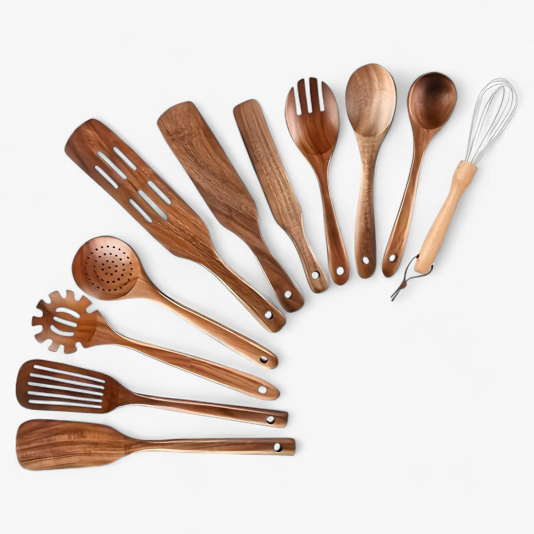 "Set d'ustensiles cuisine en bois naturel, 11 pièces, élégant et durable, résistant à la chaleur, pour usage quotidien."
