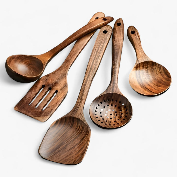 "Set d'ustensiles cuisine en bois naturel, 11 pièces, élégant et durable, résistant à la chaleur, pour usage quotidien."