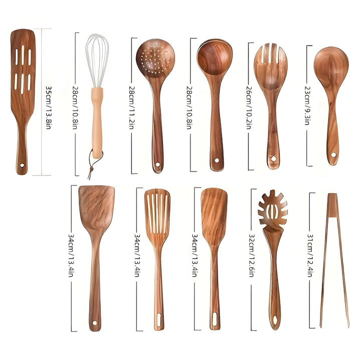 "Set d'ustensiles cuisine en bois naturel, 11 pièces, élégant et durable, résistant à la chaleur, pour usage quotidien."