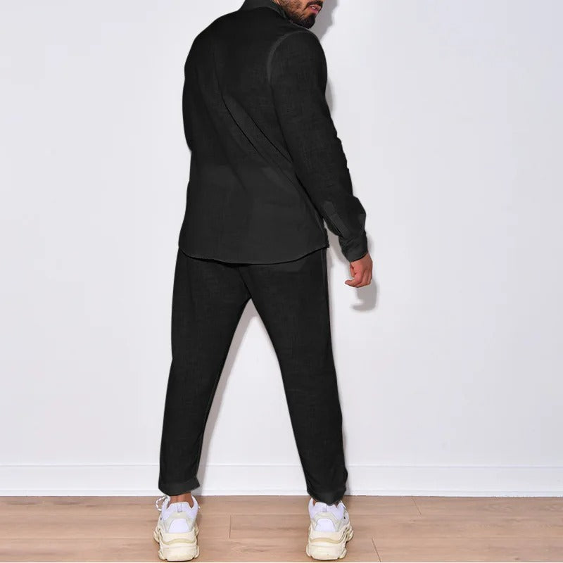 "Set en lin pour homme, élégance estivale, design chic et moderne, offrant confort et style pour journées ensoleillées."