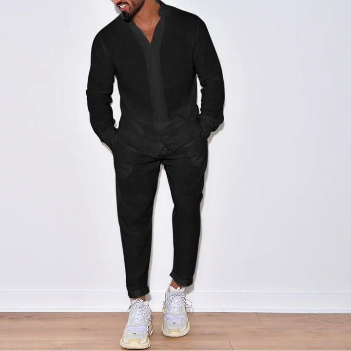 "Set en lin pour homme, élégance estivale, design chic et moderne, offrant confort et style pour journées ensoleillées."
