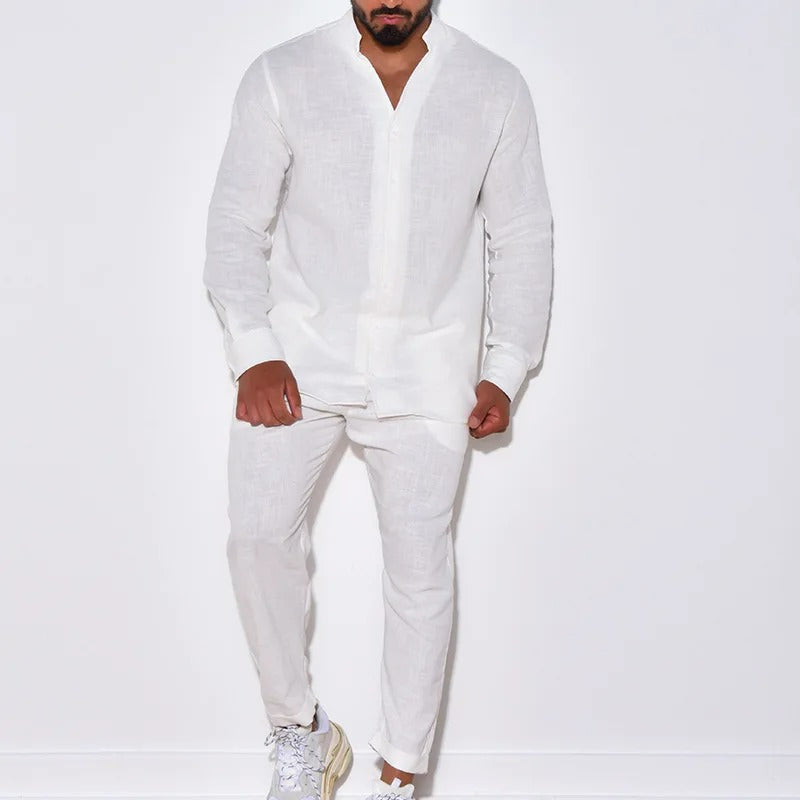"Set en lin pour homme, élégance estivale, design chic et moderne, offrant confort et style pour journées ensoleillées."