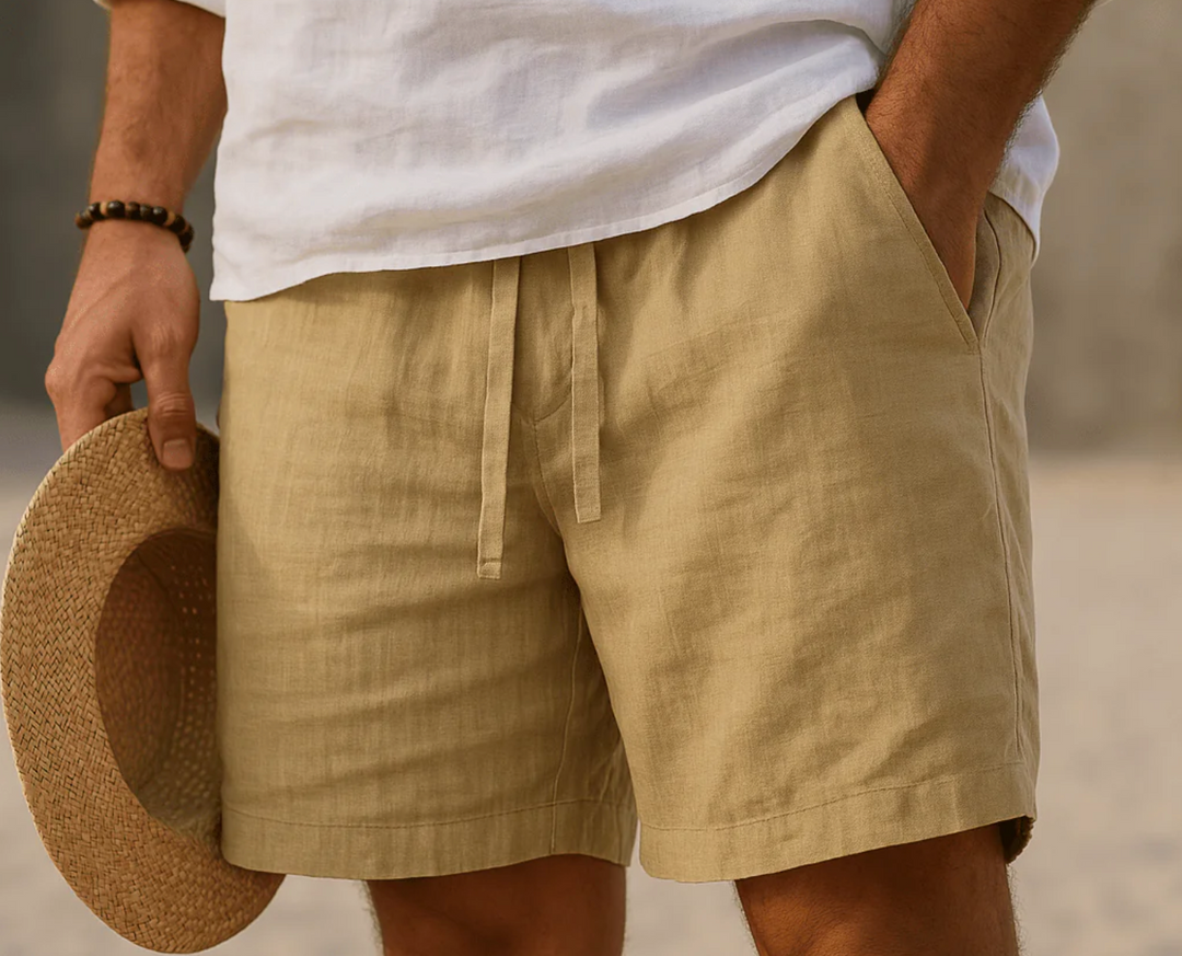 Short bermuda homme léger en lin pour l'été, taille élastique pour un confort optimal et style décontracté.