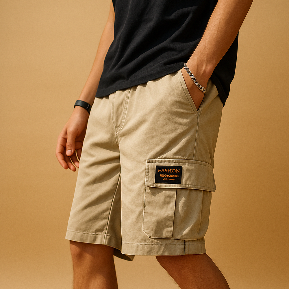 Short cargo homme à séchage rapide, polyester respirant, poches multiples, couleur kaki, idéal pour activités extérieures.