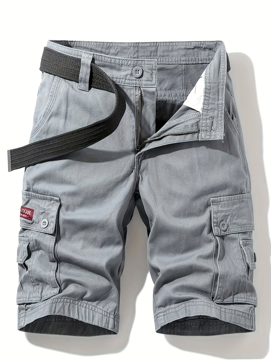 Short cargo homme d'été multipoches kaki avec ceinture intégrée, idéal loisirs et voyage.