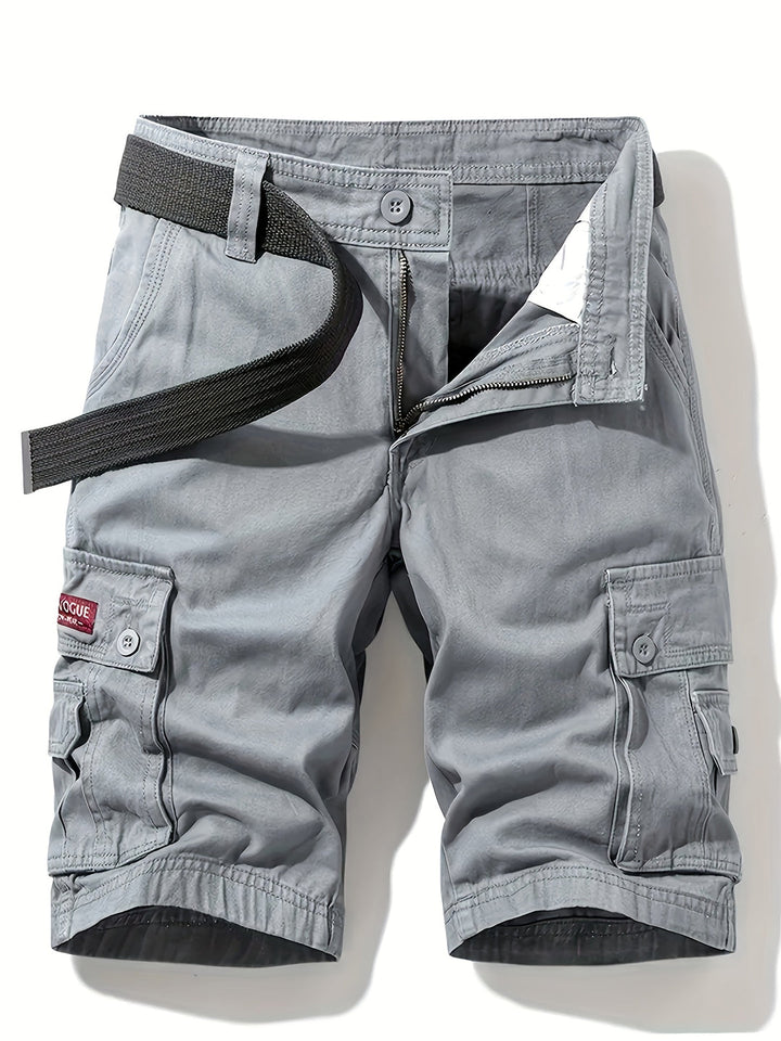 Short cargo homme d'été multipoches kaki avec ceinture intégrée, idéal loisirs et voyage.