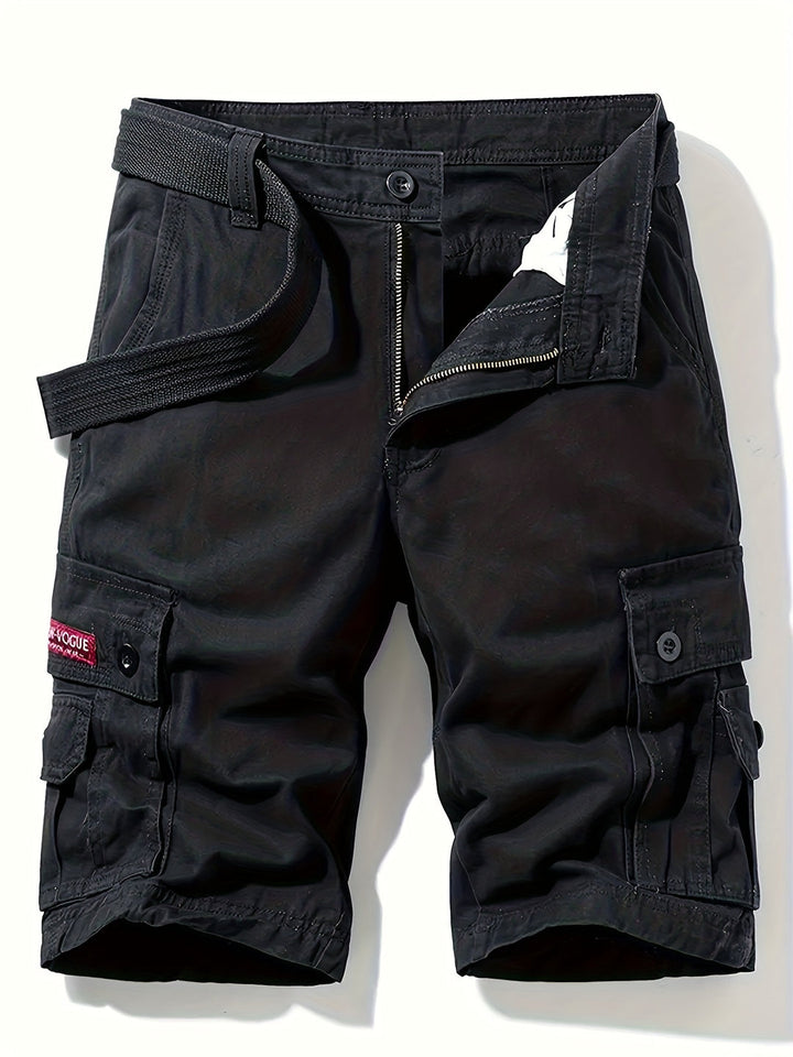 Short cargo homme bleu marine taille ajustable, confortable pour l'été, multiples poches latérales.