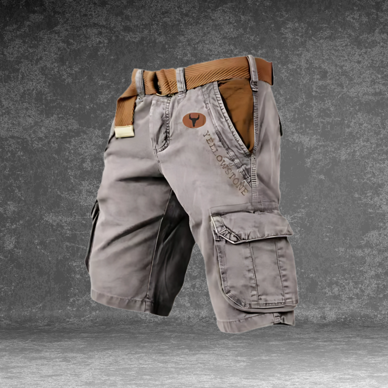 Short cargo homme gris avec poches multiples, design robuste et ajusté, idéal pour aventures urbaines et plein air.