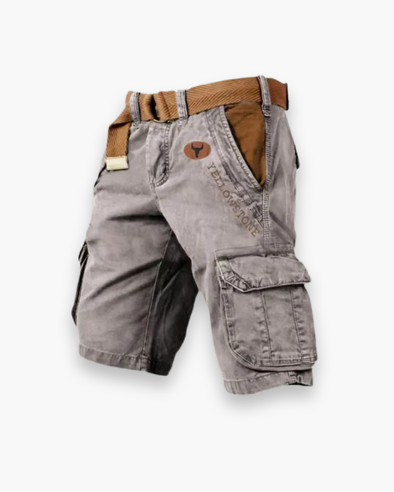 "Short cargo homme, robuste, confortable, multi-poches, style décontracté, tissu durable, couleur neutre."
