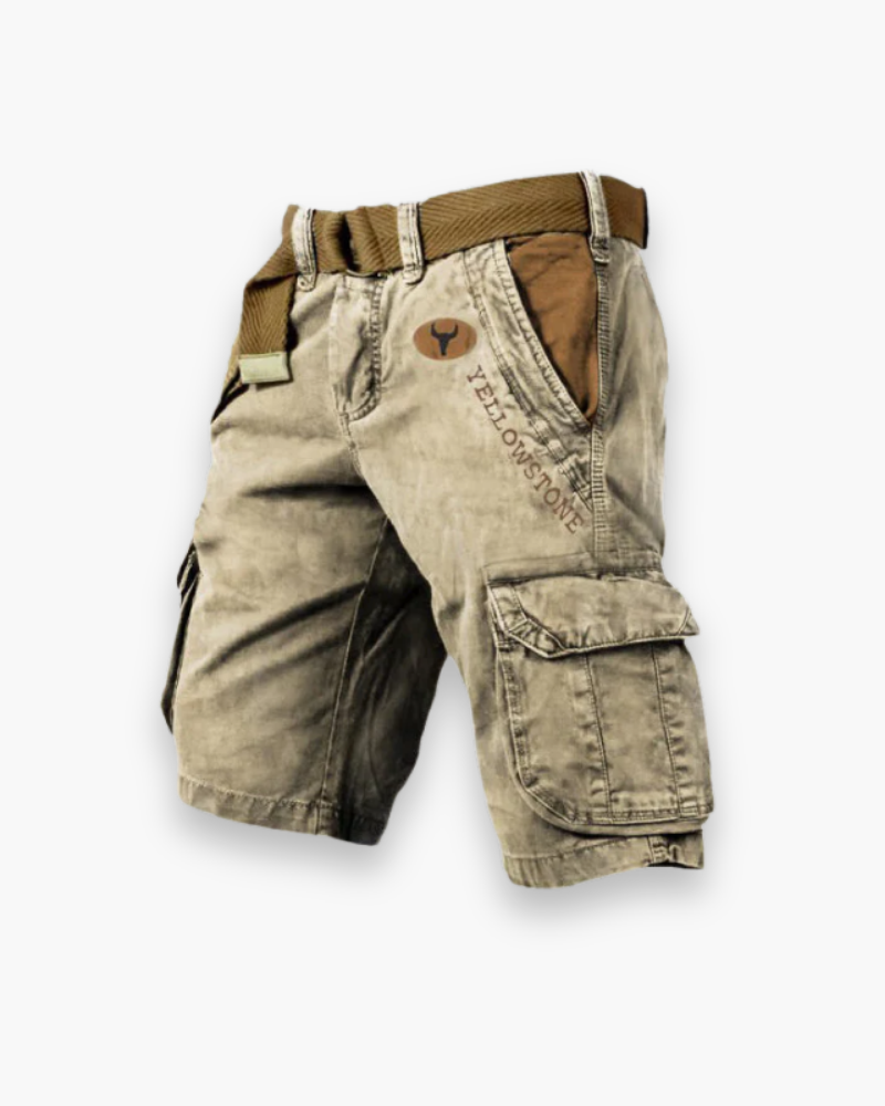 "Short cargo homme, robuste, confortable, multi-poches, style décontracté, tissu durable, couleur neutre."