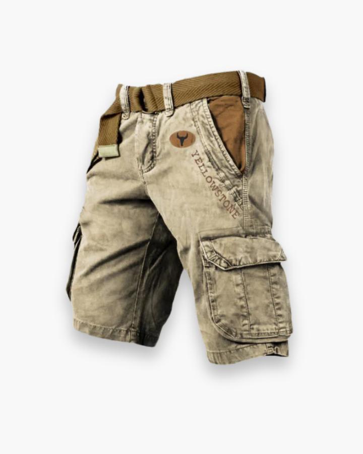 "Short cargo homme, robuste, confortable, multi-poches, style décontracté, tissu durable, couleur neutre."