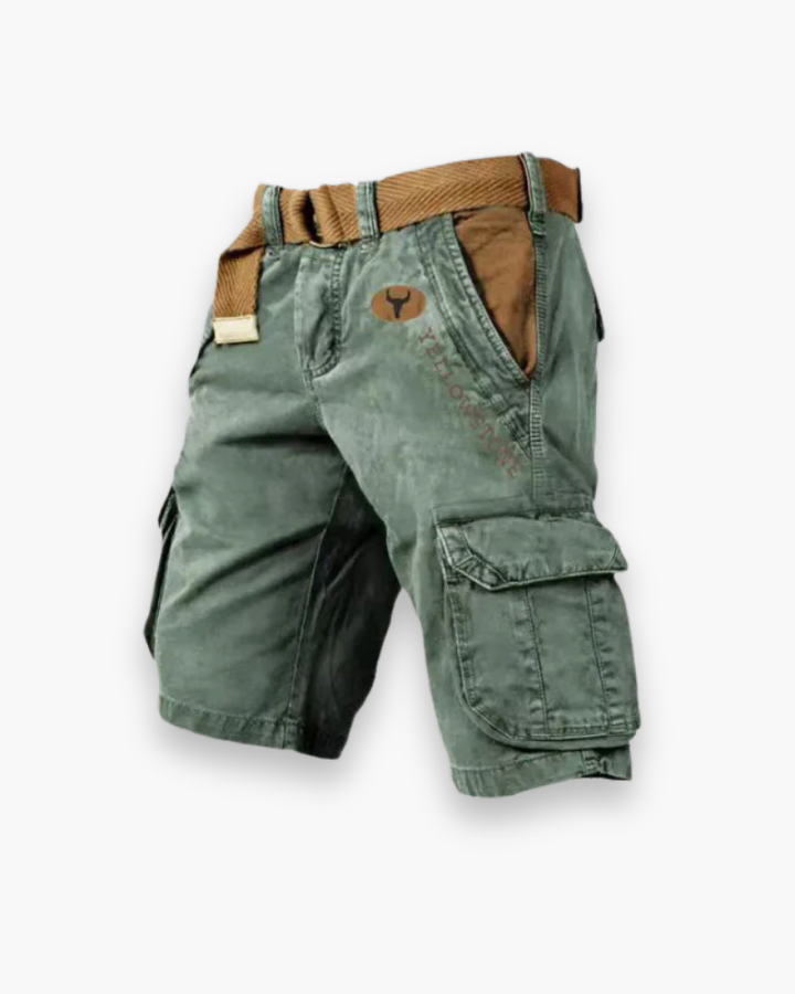 "Short cargo homme, robuste, confortable, multi-poches, style décontracté, tissu durable, couleur neutre."