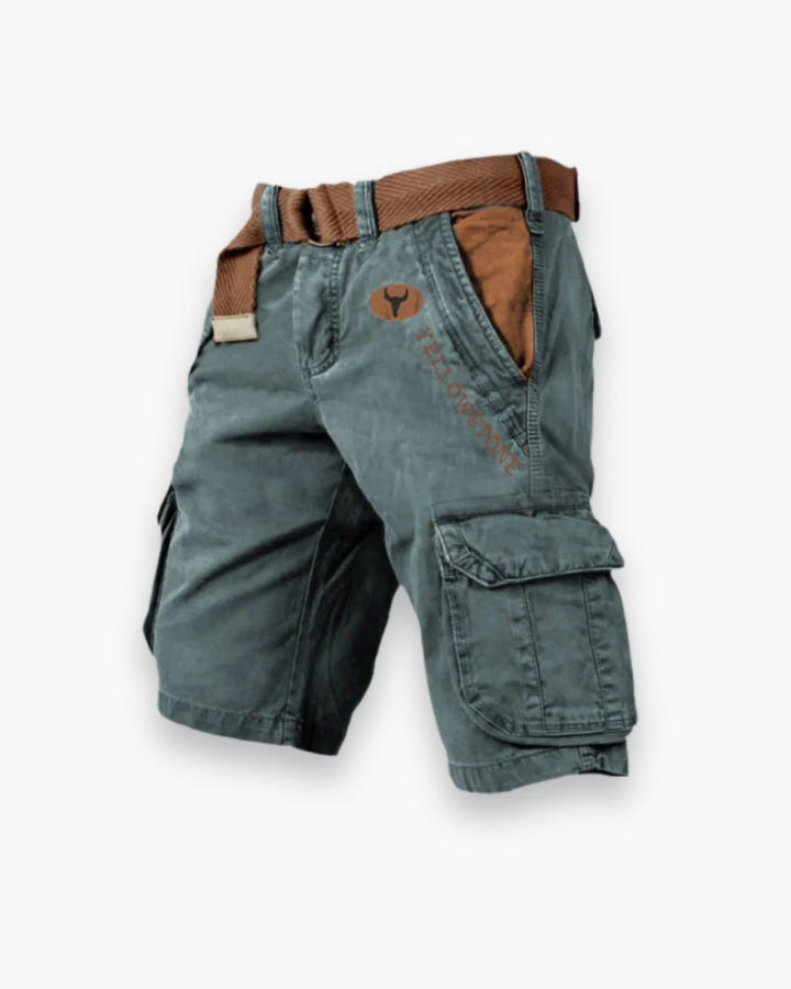 "Short cargo homme, robuste, confortable, multi-poches, style décontracté, tissu durable, couleur neutre."