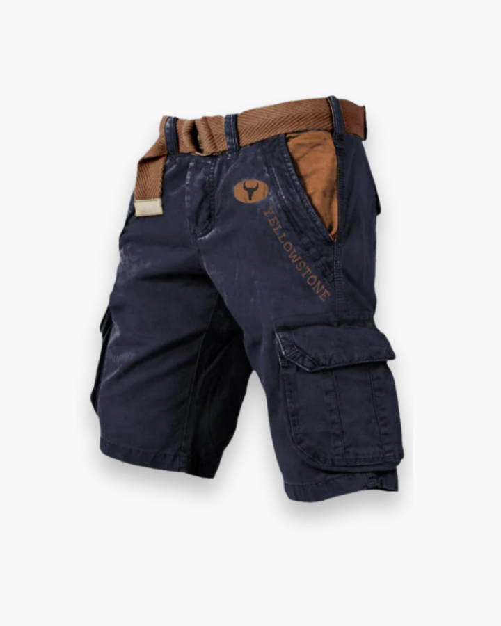 "Short cargo homme, robuste, confortable, multi-poches, style décontracté, tissu durable, couleur neutre."