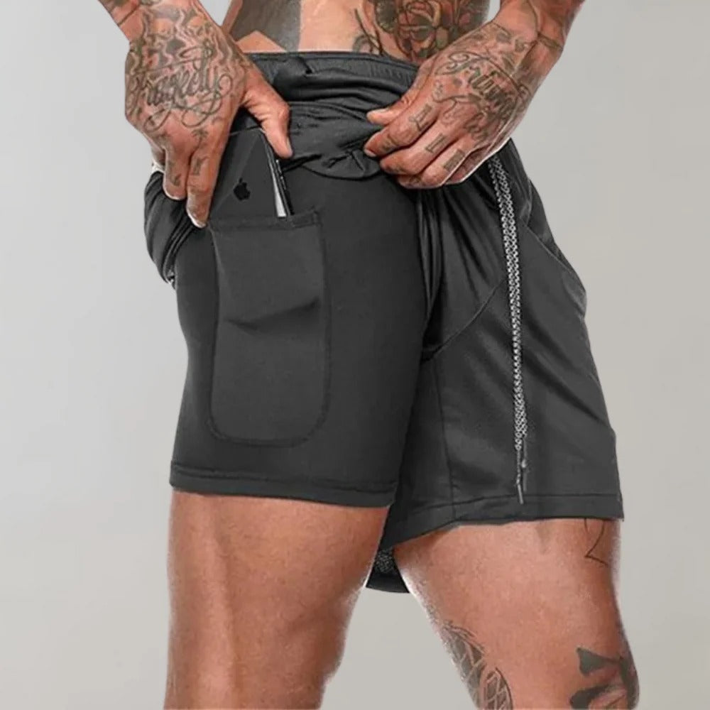 Short d'entraînement homme avec compression et poches. Idéal pour sport, gym et course.