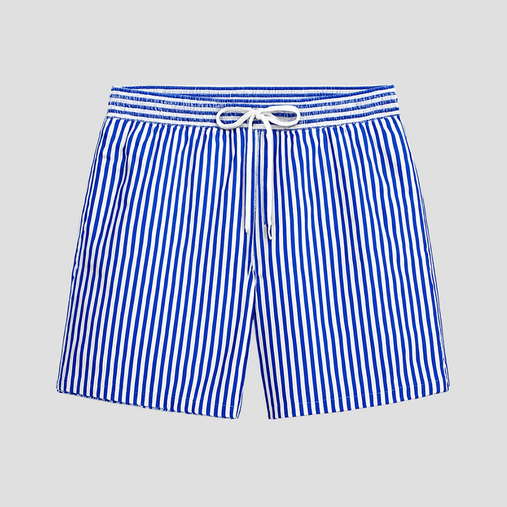 Short de bain à rayures pour hommes, style décontracté et élégant, taille élastique et poches latérales.