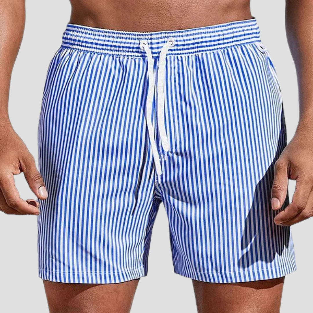 Short de bain à rayures pour hommes, style décontracté et élégant, taille élastique et poches latérales.