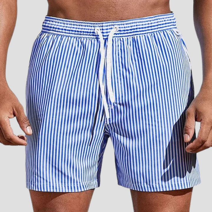 Short de bain à rayures pour hommes, style décontracté et élégant, taille élastique et poches latérales.