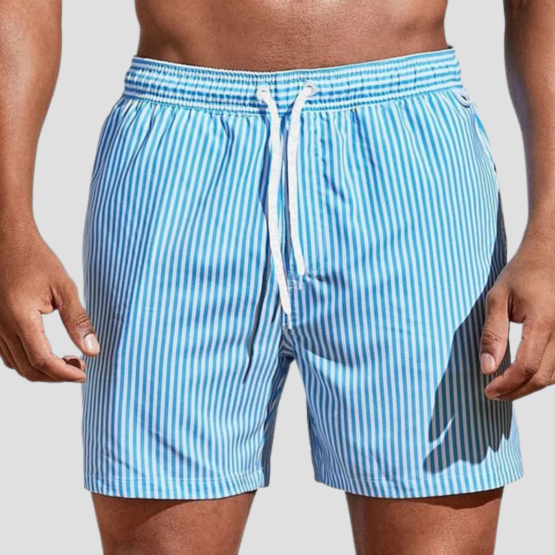 Short de bain à rayures pour hommes, style décontracté et élégant, taille élastique et poches latérales.
