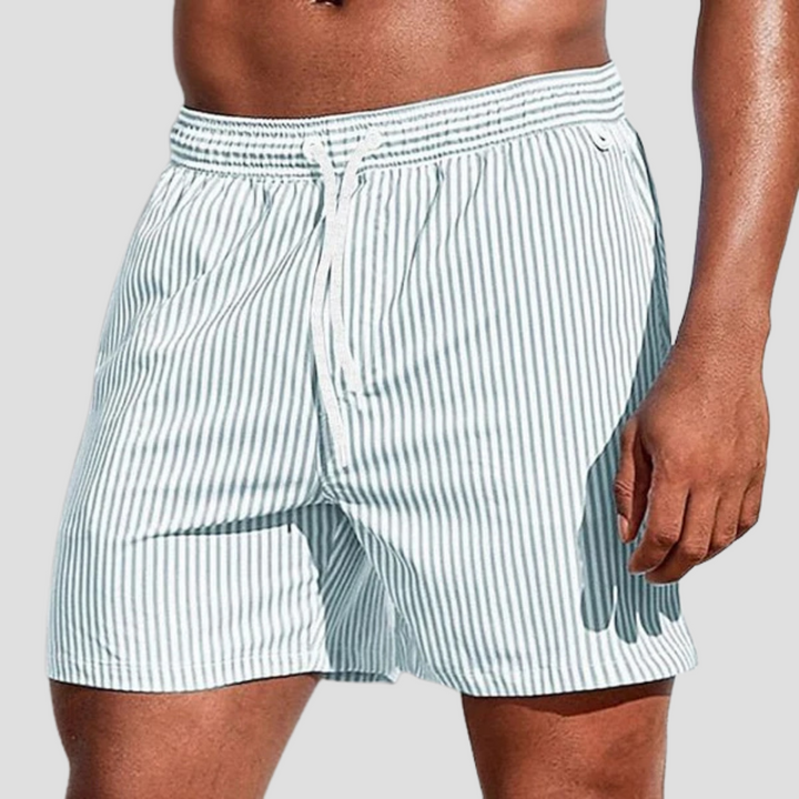 Short de bain à rayures pour hommes, style décontracté et élégant, taille élastique et poches latérales.
