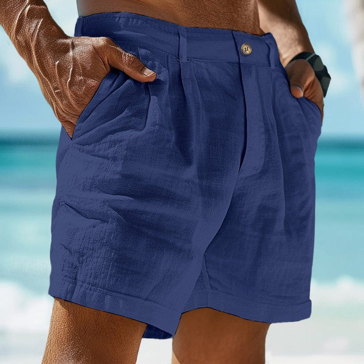 "Short en lin pour homme, léger et respirant, couleur beige, coupe décontractée, idéal pour l'été et les journées chaudes."