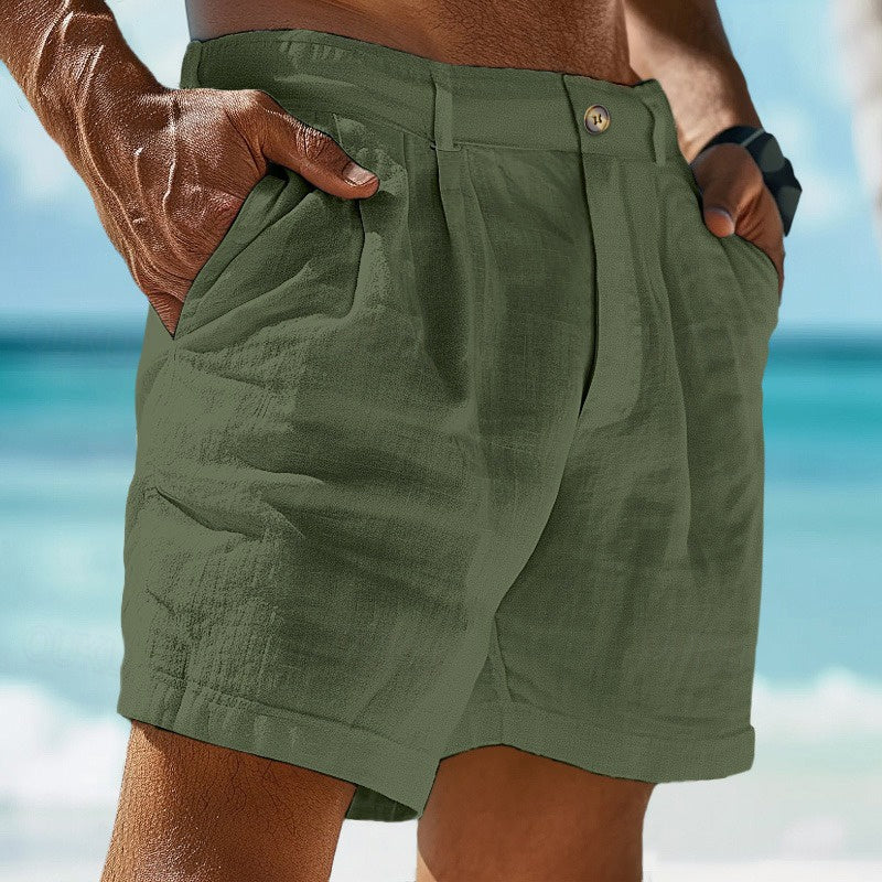 "Short en lin pour homme, léger et respirant, couleur beige, coupe décontractée, idéal pour l'été et les journées chaudes."
