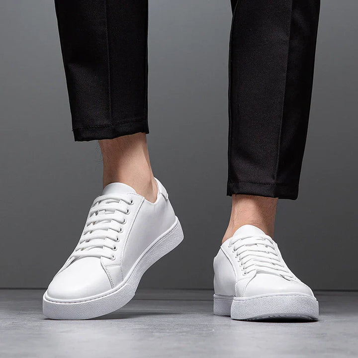 "Sneakers en cuir pour homme, design épuré et moderne, couleur sobre, semelle rembourrée, élégance et confort assurés."
