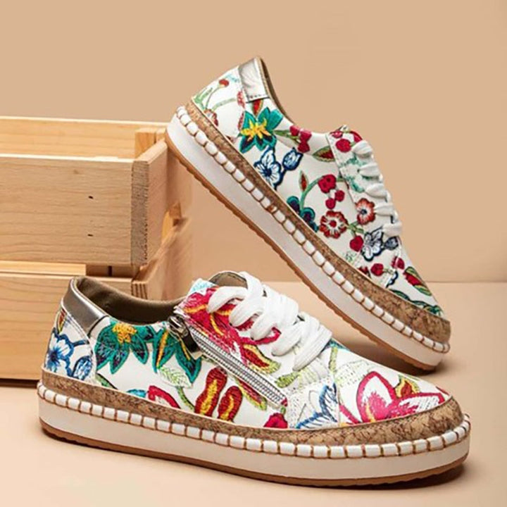Baskets femmes fleuries à lacets, style décontracté, offrant un confort orthopédique pour toutes les occasions.