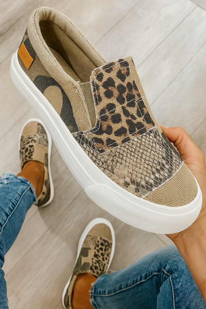 Sneakers slip-on imprimées léopard, python, camouflage. Confort et style urbain.