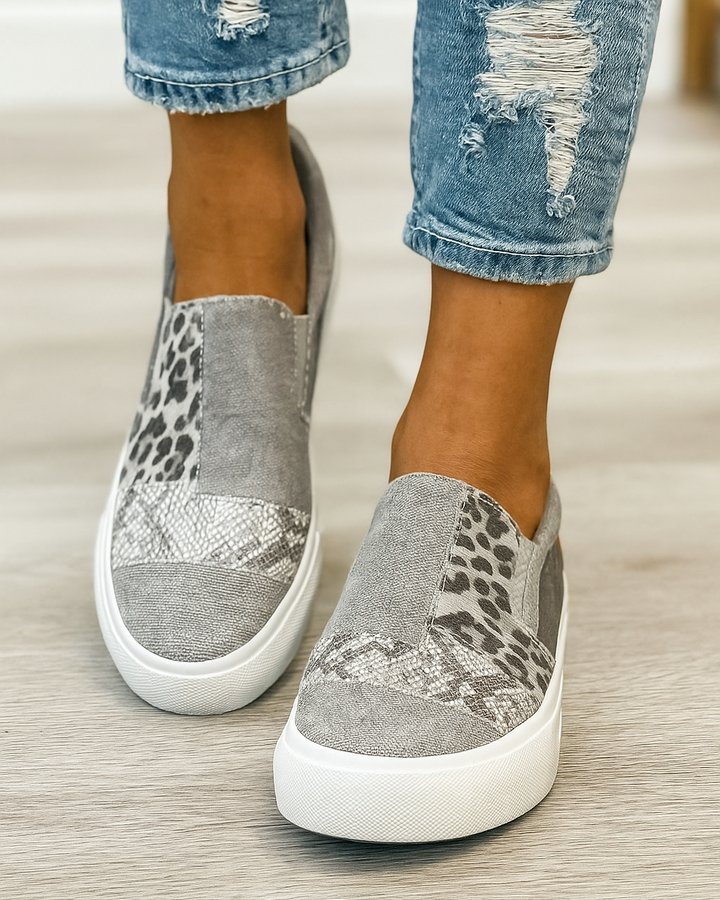 Sneakers slip-on imprimées léopard, python, camouflage. Confort et style urbain.
