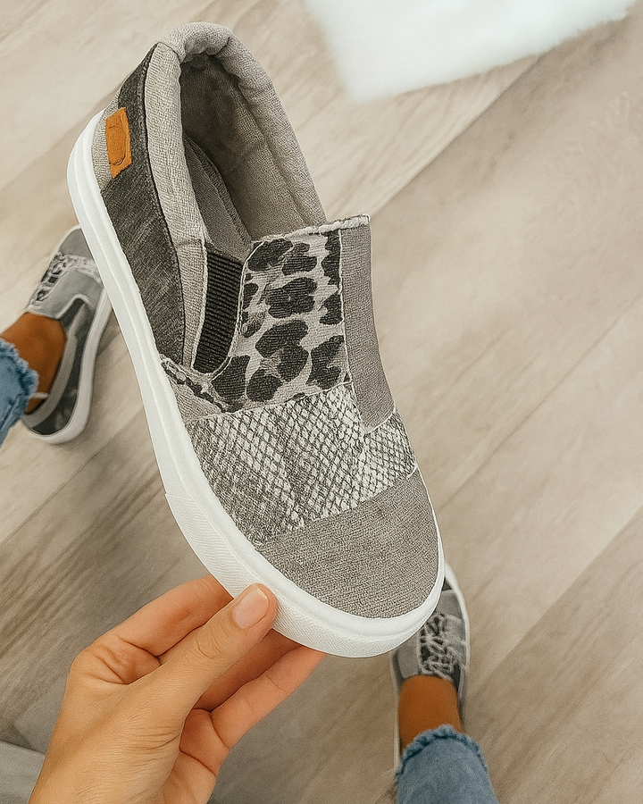 Sneakers slip-on imprimées léopard, python, camouflage. Confort et style urbain.