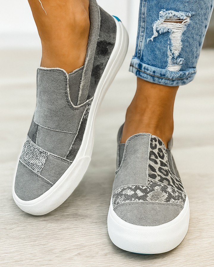 Sneakers slip-on imprimées léopard, python, camouflage. Confort et style urbain.